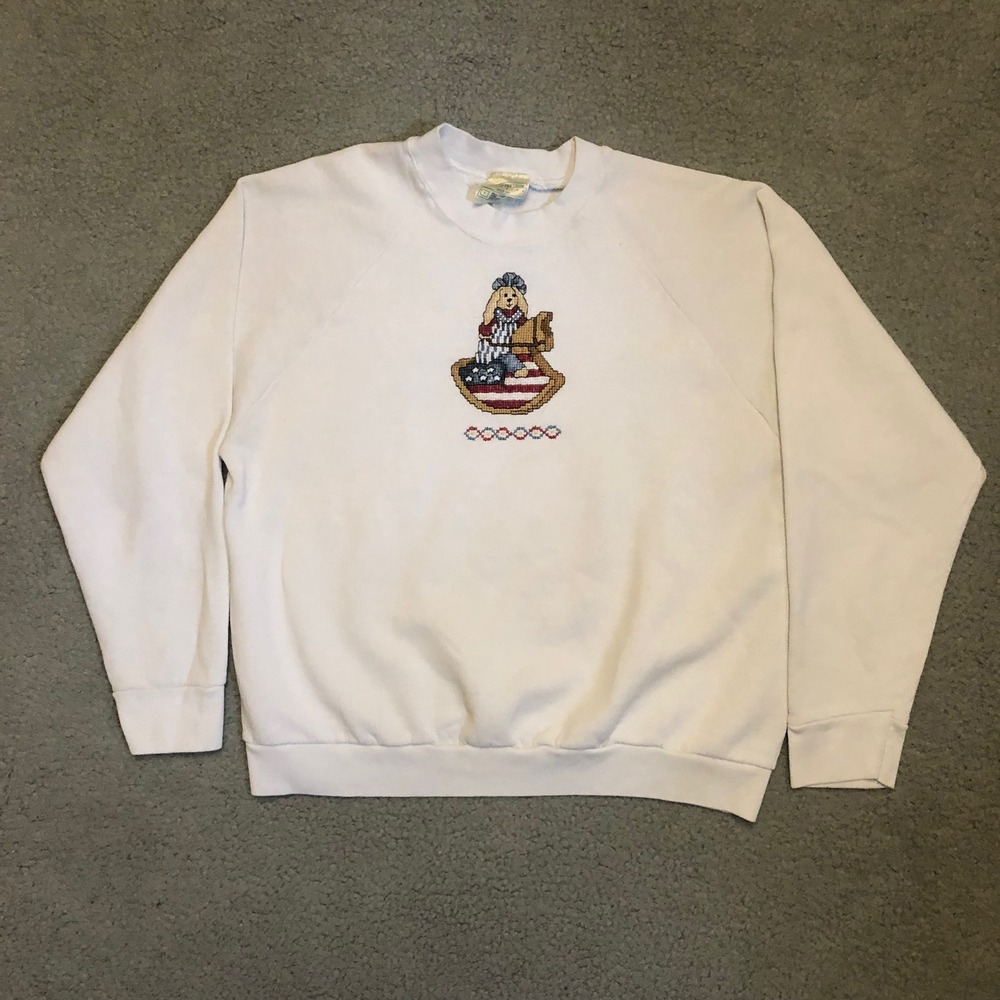 VTG‎ 90s Fruit of the Loom Cross Stitch Bunny Sweatshirt White Med Large Raglan